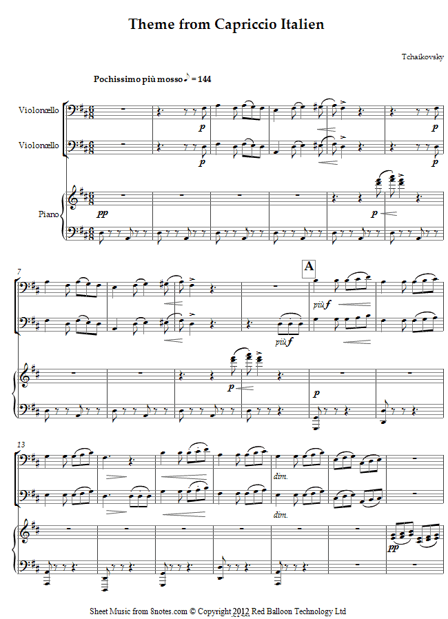 Tchaikovsky - Theme from Capriccio Italien sheet music for Cello Duet Tchaikovsky - Theme from Capriccio Italien sheet music for Cello Duet