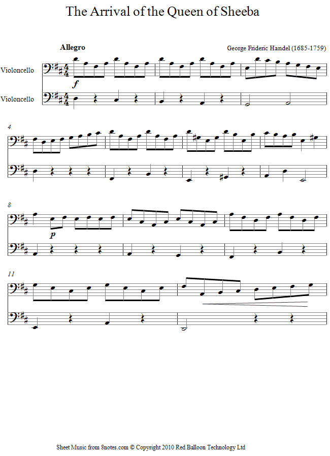 Handel - The Arrival of the Queen of Sheeba sheet music for Cello Duet Handel - The Arrival of the Queen of Sheeba sheet music for Cello Duet