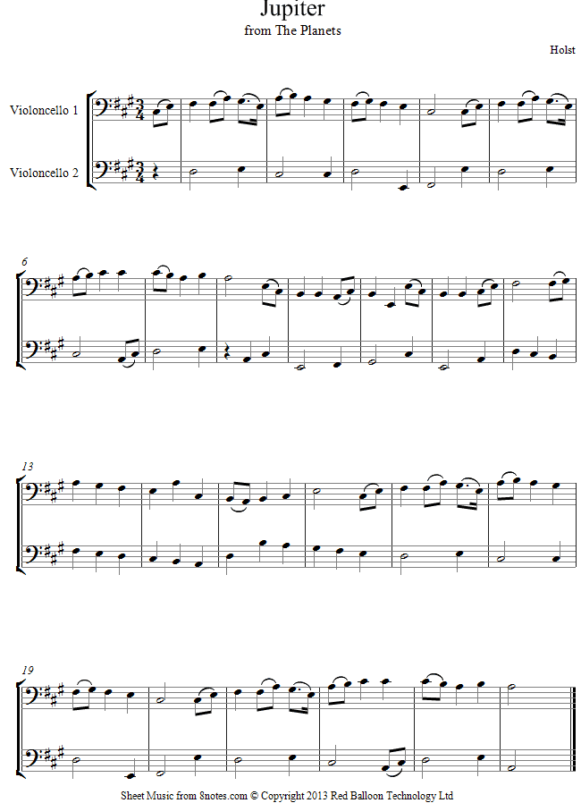 Holst - Jupiter from the Planets (theme) sheet music for Cello Duet Holst - Jupiter from the Planets (theme) sheet music for Cello Duet