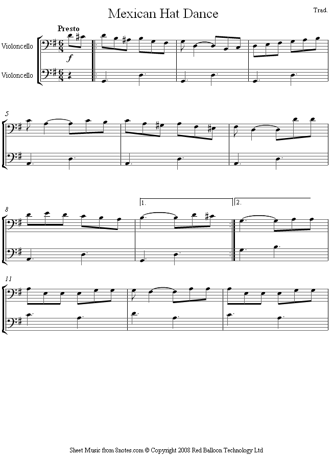Mexican Hat Dance sheet music for Cello Duet Mexican Hat Dance sheet music for Cello Duet
