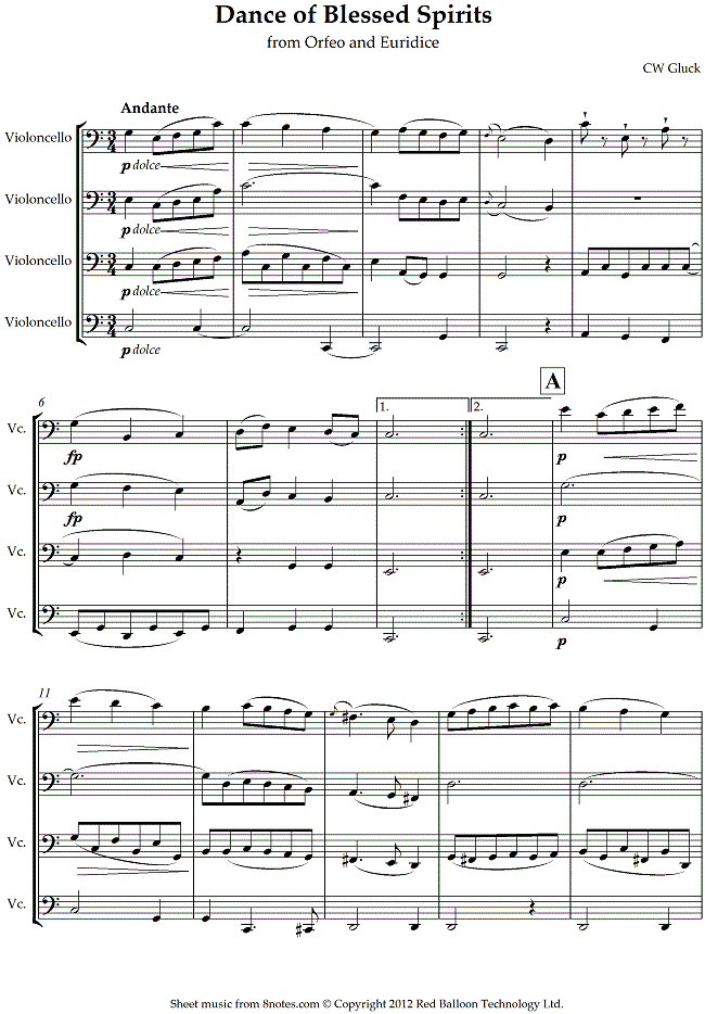 Gluck - Dance of Blessed Spirits from Orfeo and Euridice sheet music for Cello Quartet Gluck - Dance of Blessed Spirits from Orfeo and Euridice sheet music for Cello Quartet