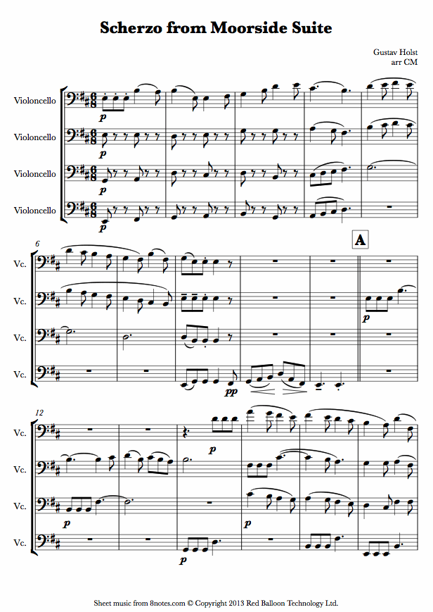 Holst - Scherzo from Moorside Suite sheet music for Cello Quartet Holst - Scherzo from Moorside Suite sheet music for Cello Quartet