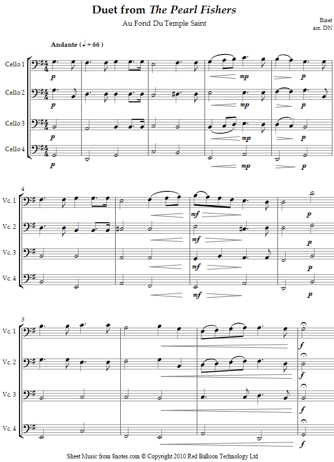 Bizet - Duet from The Pearl Fishers: Au Fond Du Temple Saint sheet music for Cello Quartet Bizet - Duet from The Pearl Fishers: Au Fond Du Temple Saint sheet music for Cello Quartet