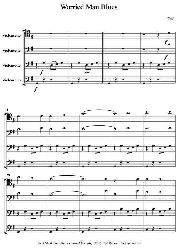 Worried Man Blues sheet music for Cello Quartet Worried Man Blues sheet music for Cello Quartet