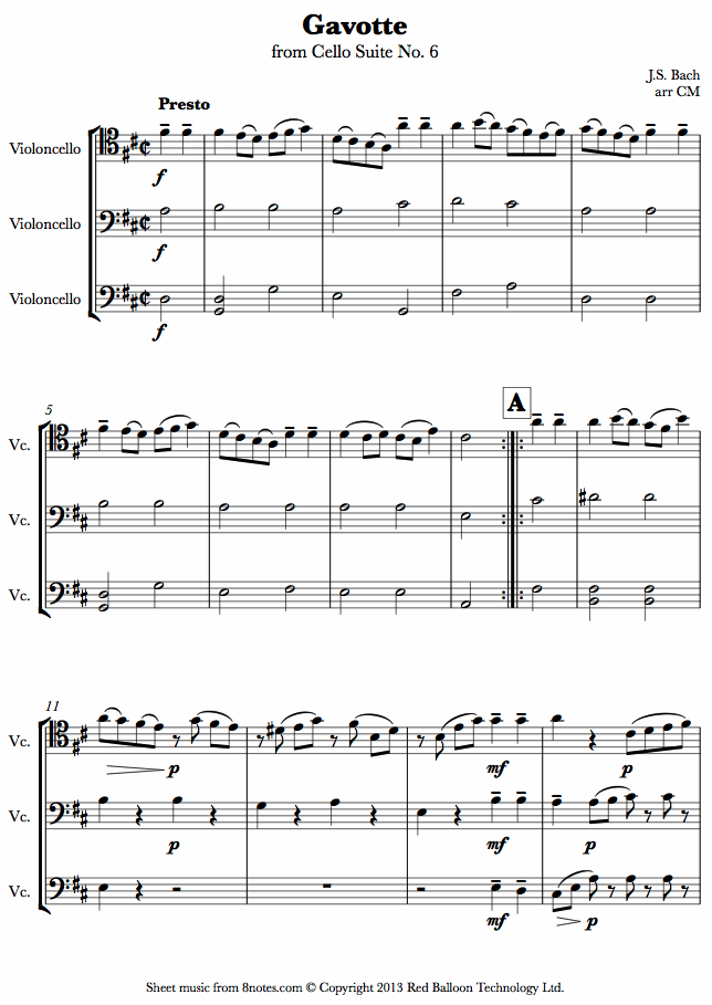 Bach - Gavotte from Cello Suite No.6 sheet music for Cello Trio Bach - Gavotte from Cello Suite No.6 sheet music for Cello Trio