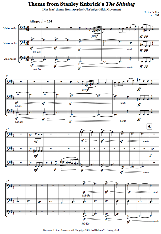 Hector Berlioz - Dies Irae theme from Symphonie Fantastique (Theme from Stanley Kubricks The Shining) sheet music for Cello Trio Hector Berlioz - Dies Irae theme from Symphonie Fantastique (Theme from Stanley Kubricks The Shining) sheet music for Cello Trio