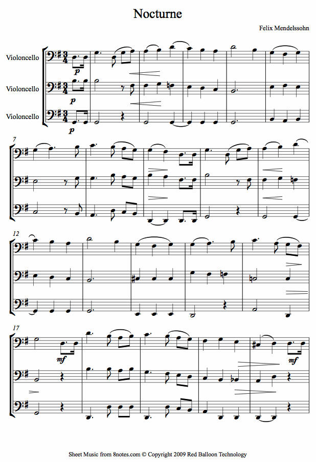 Mendelssohn - Nocturne from Midsummer Nights Dream sheet music for Cello Trio Mendelssohn - Nocturne from Midsummer Nights Dream sheet music for Cello Trio