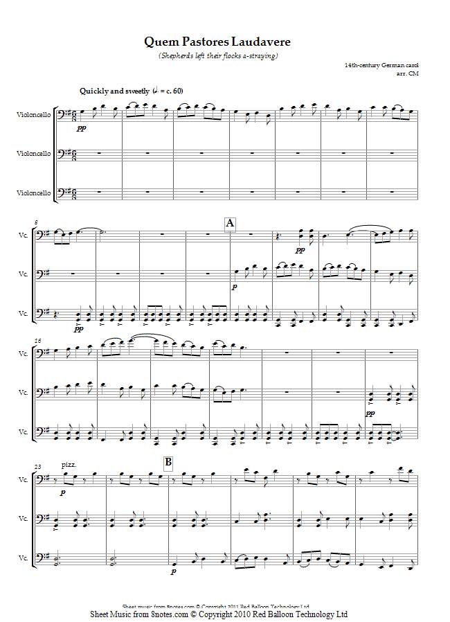 Quem Pastores Laudavere (14th-century German carol) sheet music for Cello Trio Quem Pastores Laudavere (14th-century German carol) sheet music for Cello Trio