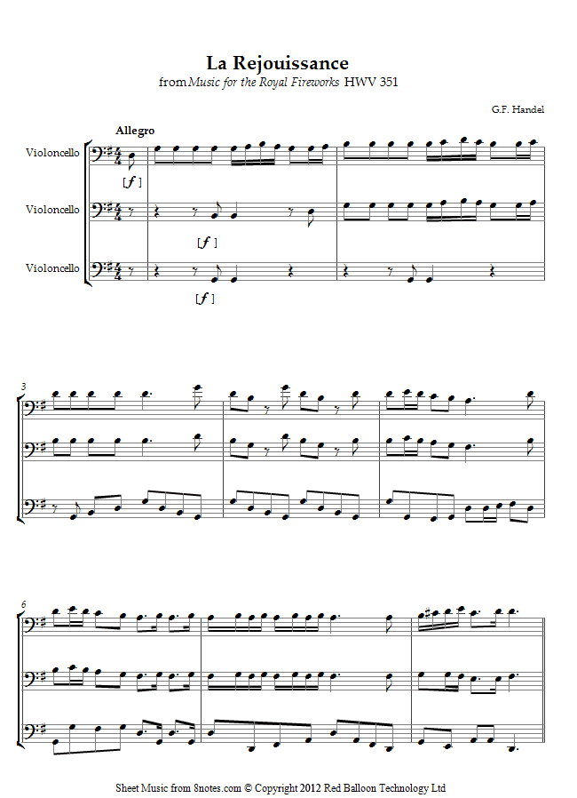 Handel - La Rejouissance from Music for the Royal Fireworks HWV 351 sheet music for Cello Trio Handel - La Rejouissance from Music for the Royal Fireworks HWV 351 sheet music for Cello Trio