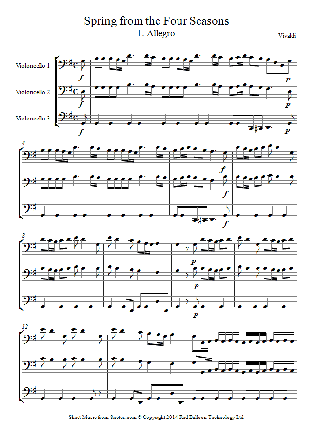 Vivaldi - Spring from The Four Seasons 1. Allegro (longer version) sheet music for Cello Trio Vivaldi - Spring from The Four Seasons 1. Allegro (longer version) sheet music for Cello Trio