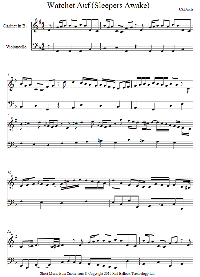 Bach - Watchet auf (Sleepers Awake) sheet music for Clarinet-Cello Duet Bach - Watchet auf (Sleepers Awake) sheet music for Clarinet-Cello Duet