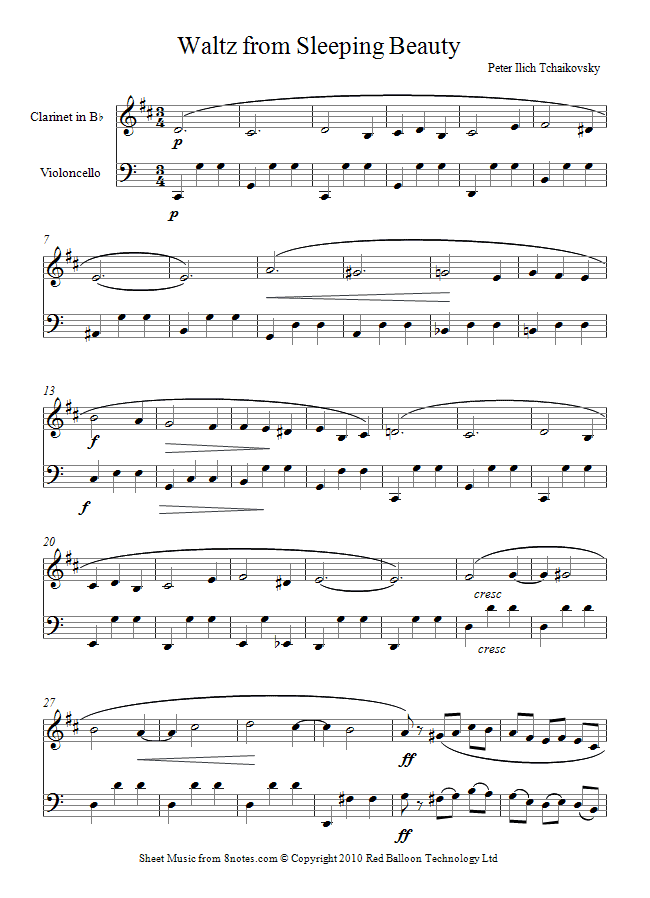 Tchaikovsky - Waltz from Sleeping Beauty sheet music for Clarinet-Cello Duet Tchaikovsky - Waltz from Sleeping Beauty sheet music for Clarinet-Cello Duet