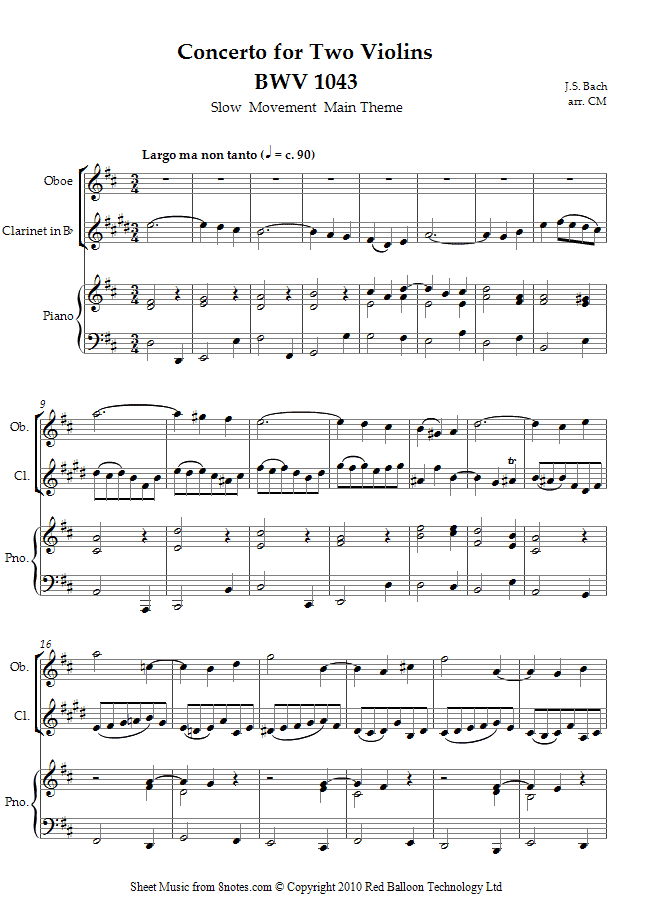 Bach - Concerto for Two Violins BWV 1043 (Slow Movement Main Theme) sheet music for Clarinet-Oboe Duet Bach - Concerto for Two Violins BWV 1043 (Slow Movement Main Theme) sheet music for Clarinet-Oboe Duet
