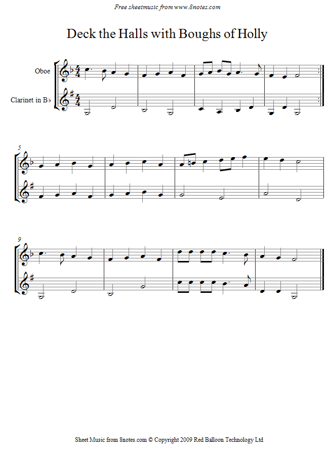 Deck the Halls sheet music for Clarinet-Oboe Duet Deck the Halls sheet music for Clarinet-Oboe Duet