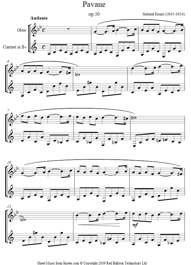 Fauré - Pavane sheet music for Clarinet-Oboe Duet Fauré - Pavane sheet music for Clarinet-Oboe Duet
