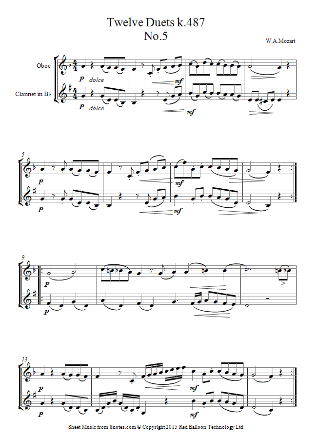 Mozart Twelve Duets k.487 no.5 sheet music for Duet