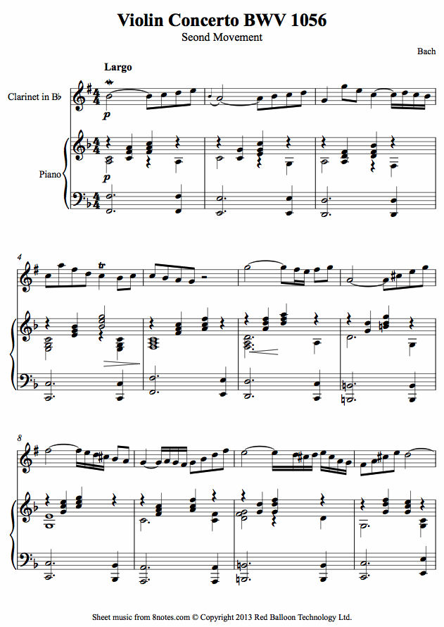 Bach - Violin Concerto 2nd mvt (arranged for clarinet) sheet music for Clarinet Bach - Violin Concerto 2nd mvt (arranged for clarinet) sheet music for Clarinet