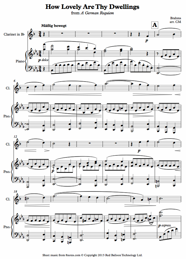 Brahms - How Lovely Are Thy Dwellings from A German Requiem sheet music for Clarinet Brahms - How Lovely Are Thy Dwellings from A German Requiem sheet music for Clarinet