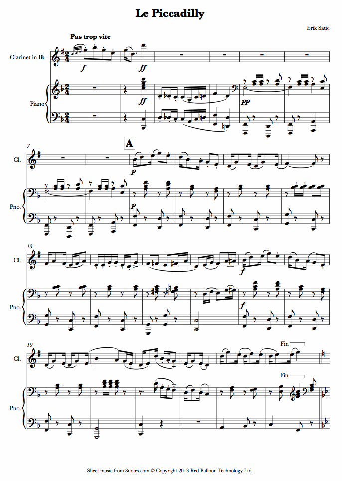 Satie - Le Piccadilly sheet music for Clarinet Satie - Le Piccadilly sheet music for Clarinet