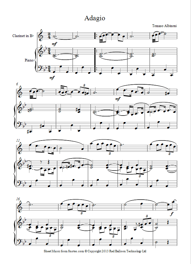 Albinoni - Adagio sheet music for Clarinet Albinoni - Adagio sheet music for Clarinet