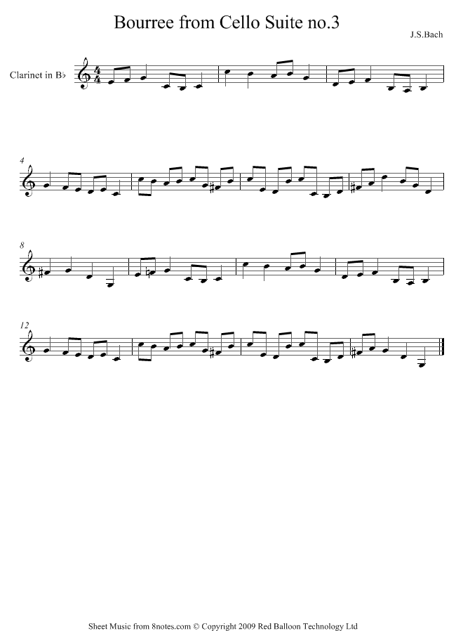 Bach - Bouree from Suite No.3 cello sheet music for Clarinet Bach - Bouree from Suite No.3 cello sheet music for Clarinet