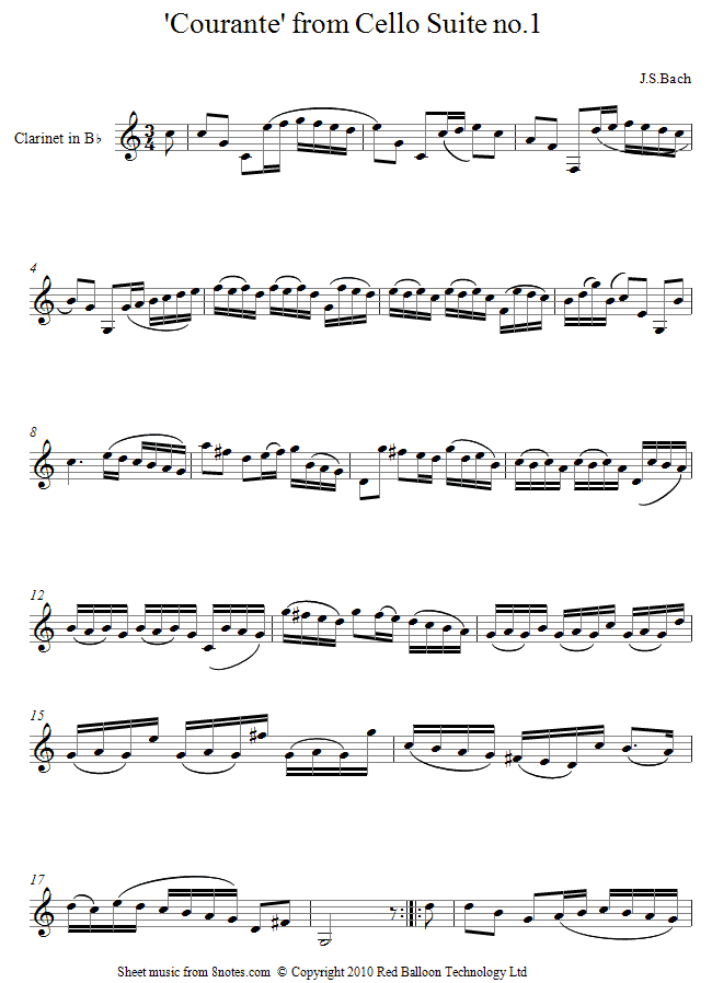 Bach - Courante from Cello Suite no.1 sheet music for Clarinet Bach - Courante from Cello Suite no.1 sheet music for Clarinet