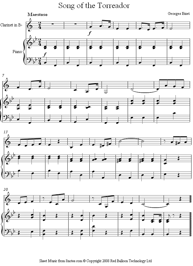 Bizet - Torreador Song from Carmen sheet music for Clarinet Bizet - Torreador Song from Carmen sheet music for Clarinet