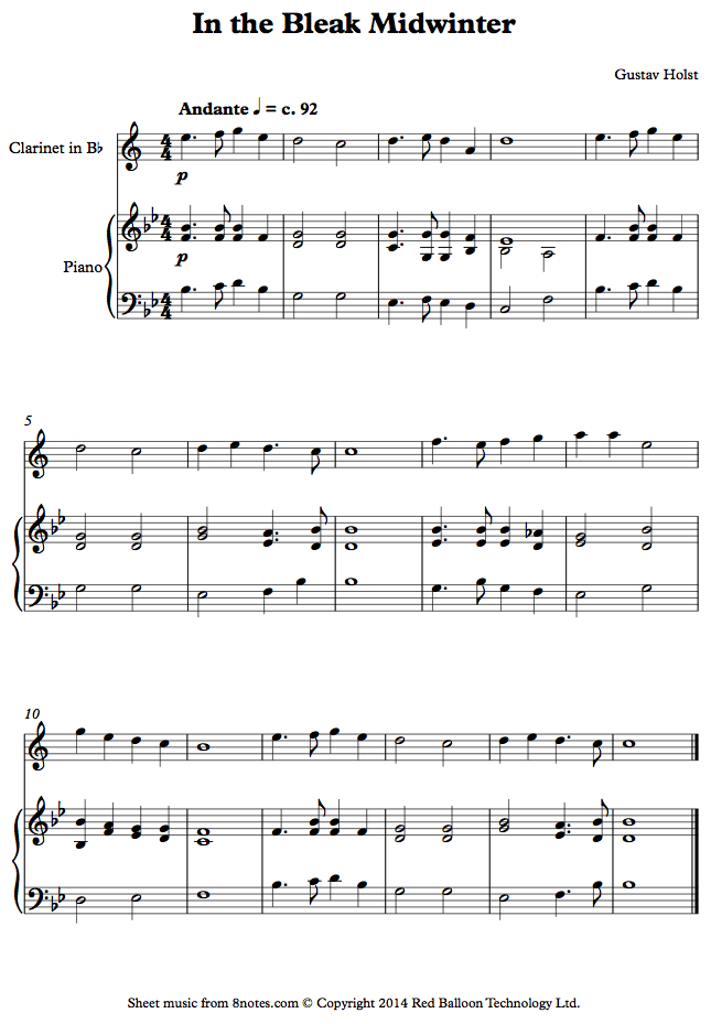 Holst - In the Bleak Midwinter sheet music for Clarinet Holst - In the Bleak Midwinter sheet music for Clarinet