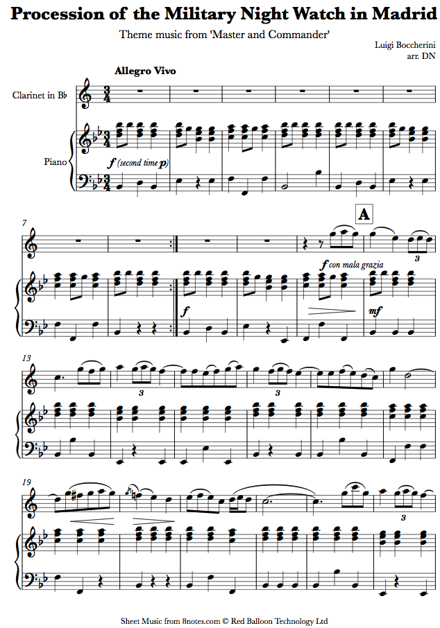 Luigi Boccherini - Procession of the Military Night Watch in Madrid (Theme from Master and Commander ) sheet music for Clarinet Luigi Boccherini - Procession of the Military Night Watch in Madrid (Theme from Master and Commander ) sheet music for Clarinet