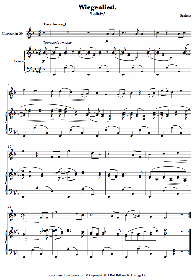 Brahms - Lullaby (Wiegenlied) sheet music for Clarinet Brahms - Lullaby (Wiegenlied) sheet music for Clarinet