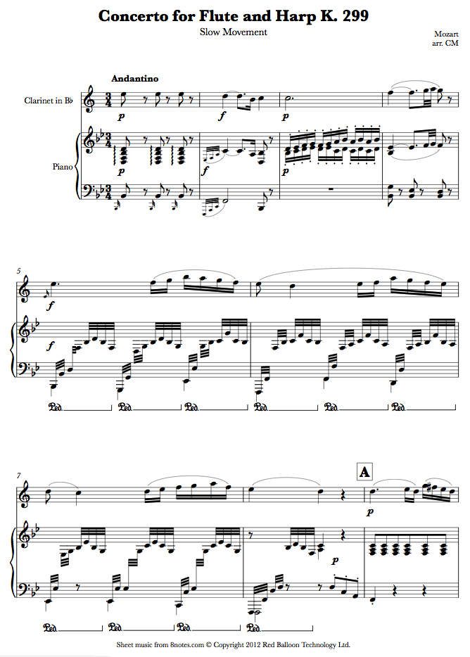 Mozart Concerto for Flute and Harp K. 299 Slow Movement sheet music