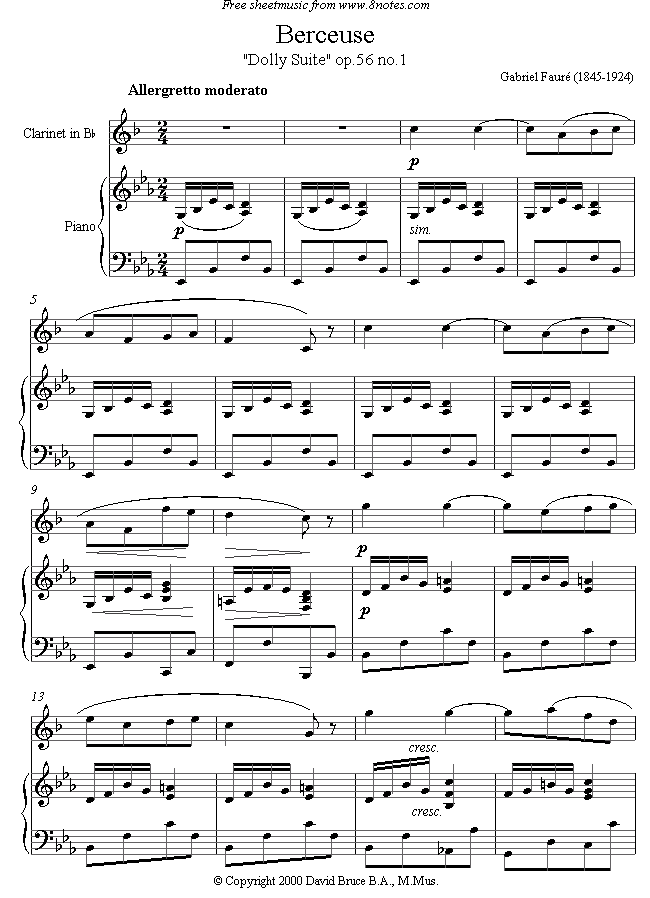 Fauré - Berceuse sheet music for Clarinet Fauré - Berceuse sheet music for Clarinet