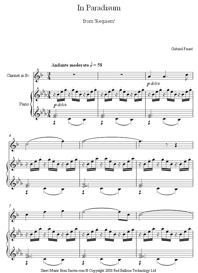 Fauré - In Paradisum from Reqiuem sheet music for Clarinet Fauré - In Paradisum from Reqiuem sheet music for Clarinet