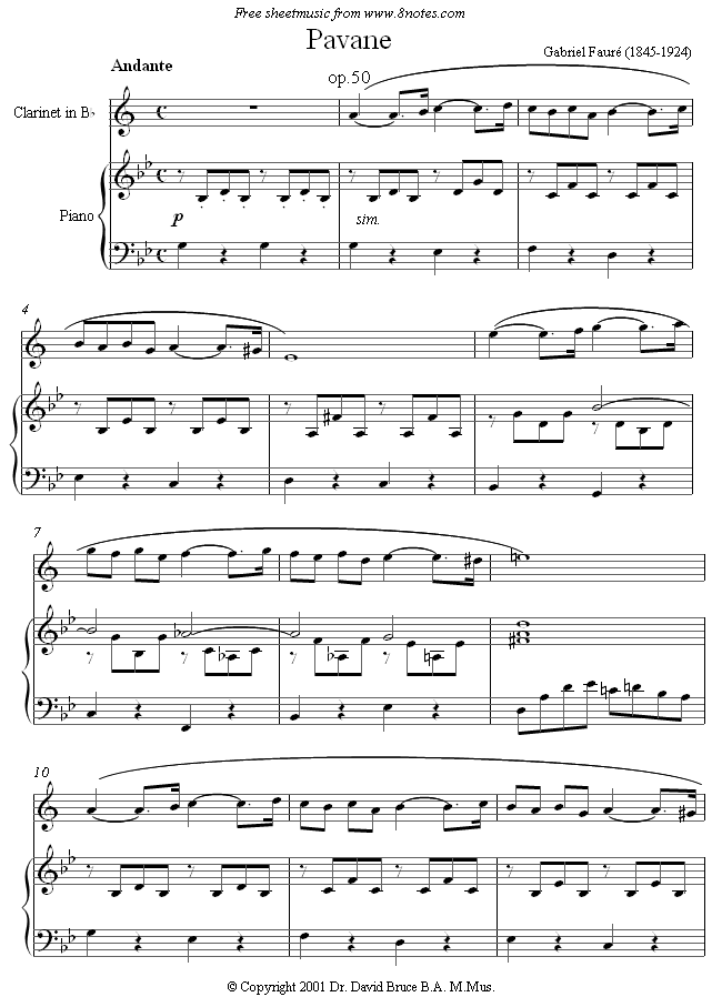 Fauré - Pavane sheet music for Clarinet Fauré - Pavane sheet music for Clarinet