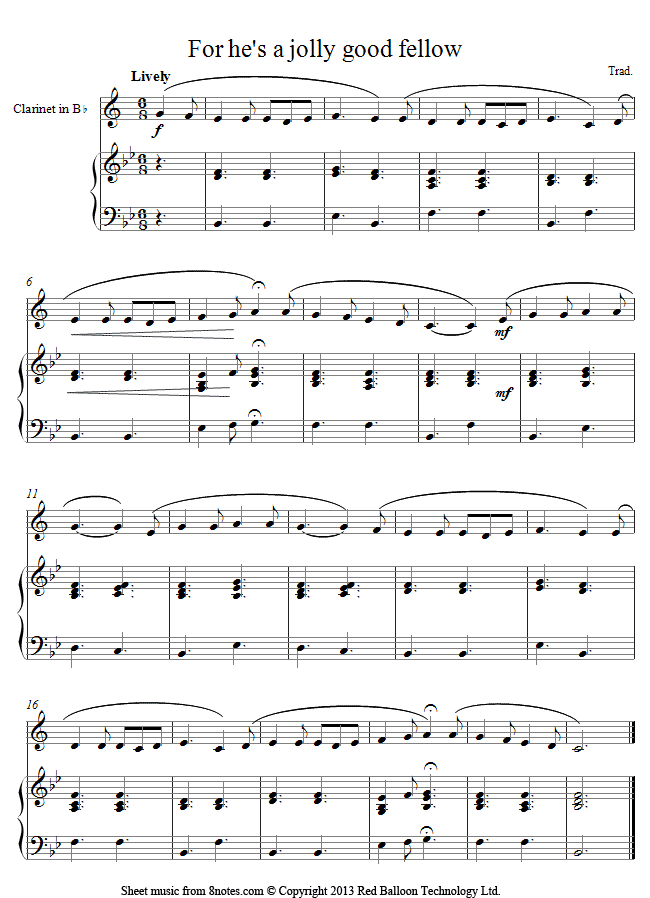 For he's a jolly good fellow sheet music for Clarinet For he's a jolly good fellow sheet music for Clarinet