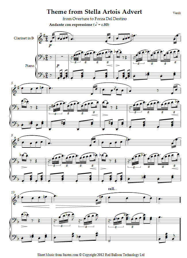 Giuseppe Verdi - Theme from Stella Artois Advert (from Overture to Forza Del Destino) sheet music for Clarinet Giuseppe Verdi - Theme from Stella Artois Advert (from Overture to Forza Del Destino) sheet music for Clarinet