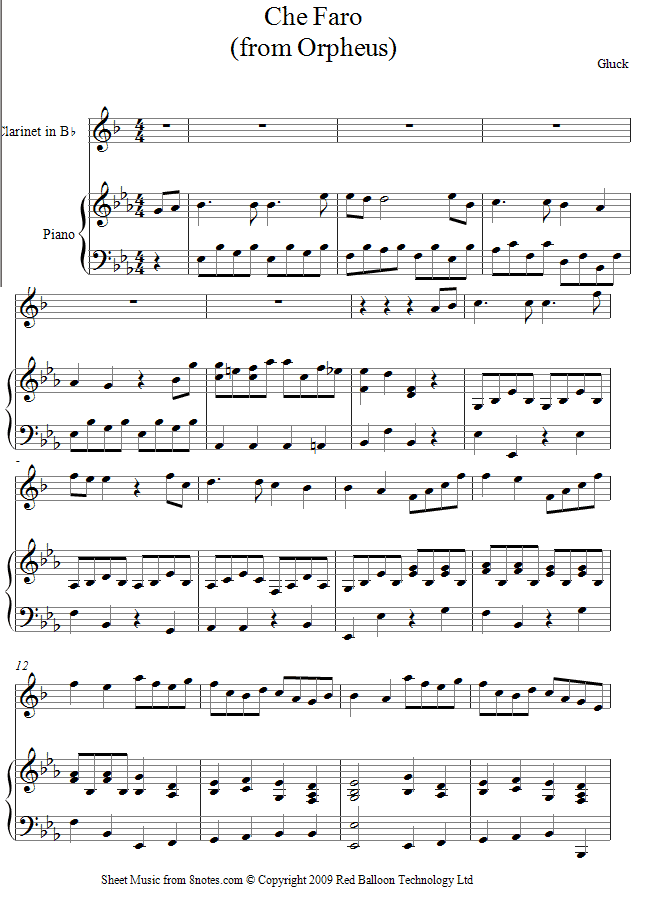 Gluck - Che faro senza Euridice from Orfeo sheet music for Clarinet Gluck - Che faro senza Euridice from Orfeo sheet music for Clarinet