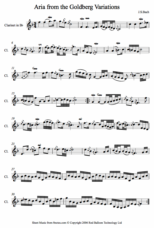 Bach - Aria from the Goldberg Variations sheet music for Clarinet Bach - Aria from the Goldberg Variations sheet music for Clarinet