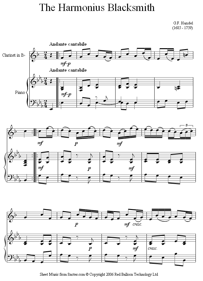 Handel - Harmonius Blacksmith sheet music for Clarinet Handel - Harmonius Blacksmith sheet music for Clarinet