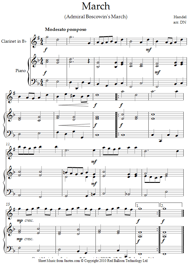 Handel - Admiral Boscowins March sheet music for Clarinet Handel - Admiral Boscowins March sheet music for Clarinet