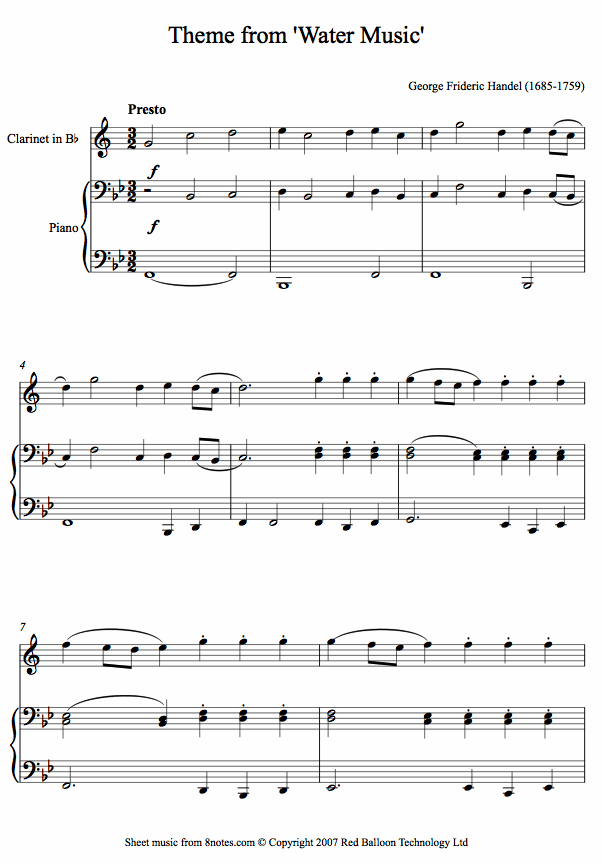 Handel - Theme from Water Music sheet music for Clarinet Handel - Theme from Water Music sheet music for Clarinet