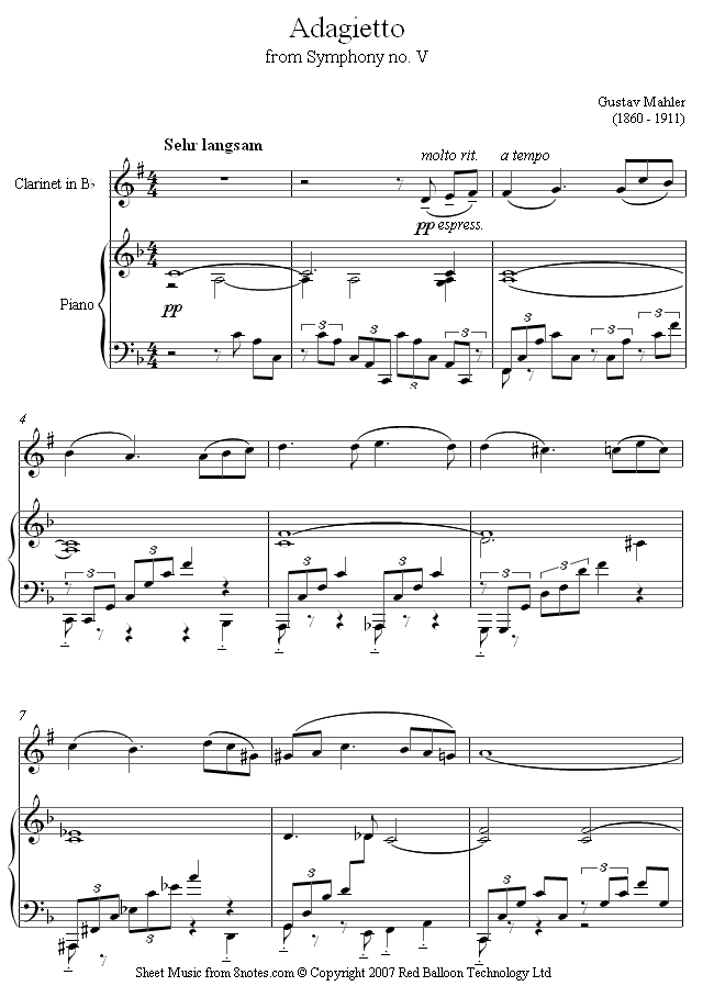Mahler - Adagietto from Symphony No.5 sheet music for Clarinet Mahler - Adagietto from Symphony No.5 sheet music for Clarinet
