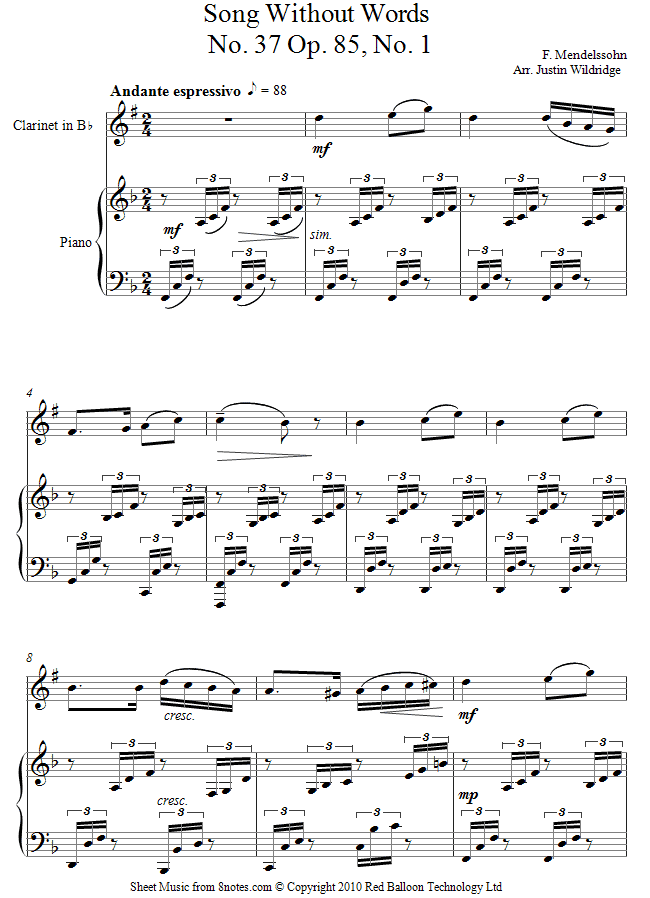 Mendelssohn - Song Without Words No. 37 Op. 85, No. 1 sheet music for Clarinet Mendelssohn - Song Without Words No. 37 Op. 85, No. 1 sheet music for Clarinet
