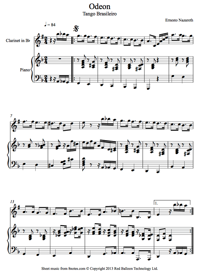 Ernesto Nazareth - Odeon (Tango Brasileiro) sheet music for Clarinet Ernesto Nazareth - Odeon (Tango Brasileiro) sheet music for Clarinet