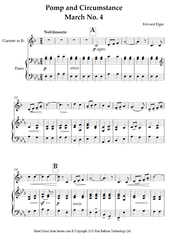 Elgar - Pomp and Circumstance March No. 4 sheet music for Clarinet Elgar - Pomp and Circumstance March No. 4 sheet music for Clarinet