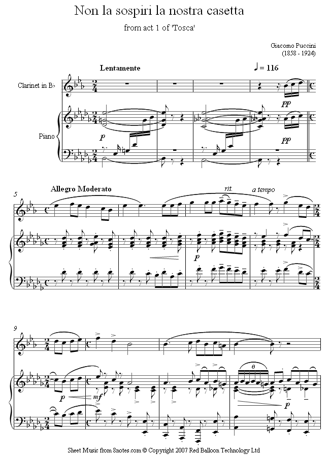 Puccini - Non la sospiri la nostra casetta from Tosca sheet music for Clarinet Puccini - Non la sospiri la nostra casetta from Tosca sheet music for Clarinet