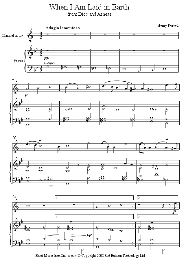 Purcell - When I Am Laid in Earth sheet music for Clarinet Purcell - When I Am Laid in Earth sheet music for Clarinet