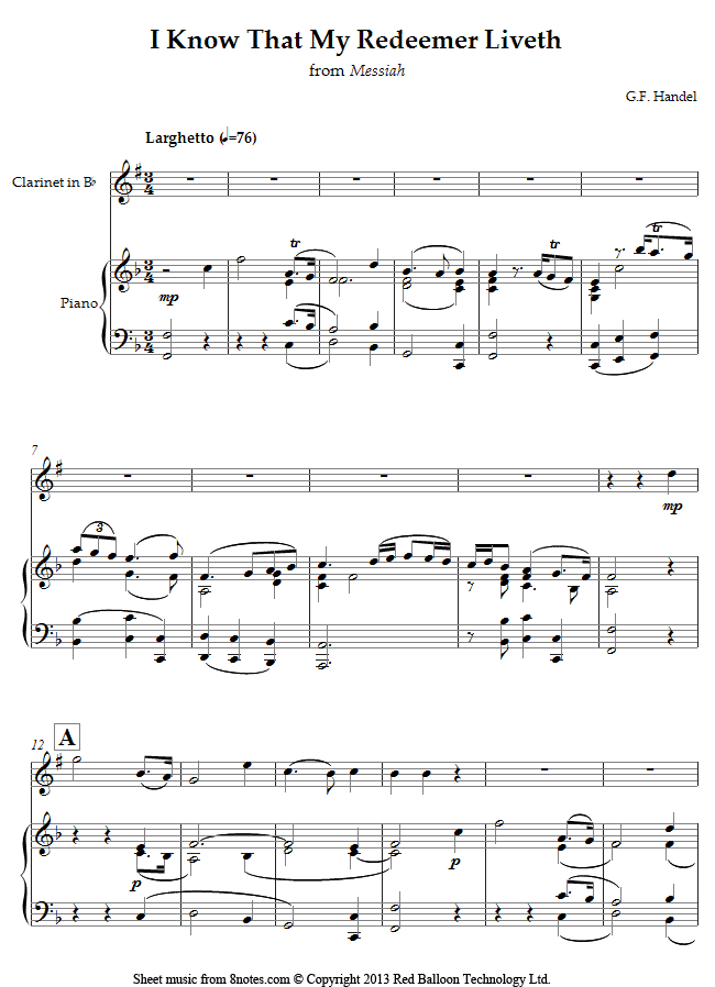 Handel - I Know That My Redeemer Liveth from Messiah sheet music for Clarinet Handel - I Know That My Redeemer Liveth from Messiah sheet music for Clarinet