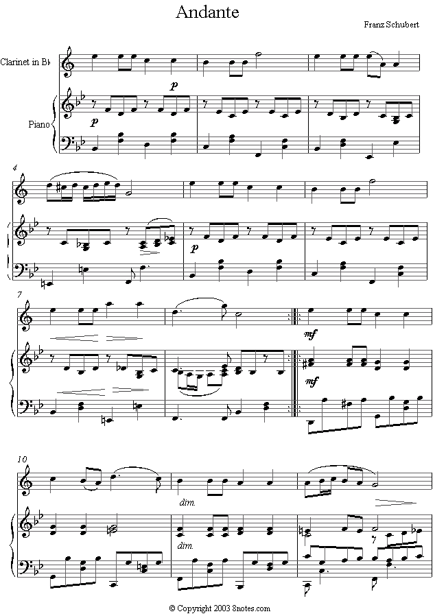 Schubert - Andante sheet music for Clarinet Schubert - Andante sheet music for Clarinet