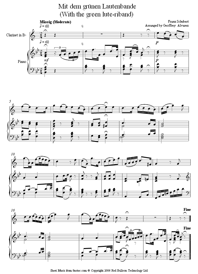Schubert - Mit dem grunen Lautenbande sheet music for Clarinet Schubert - Mit dem grunen Lautenbande sheet music for Clarinet